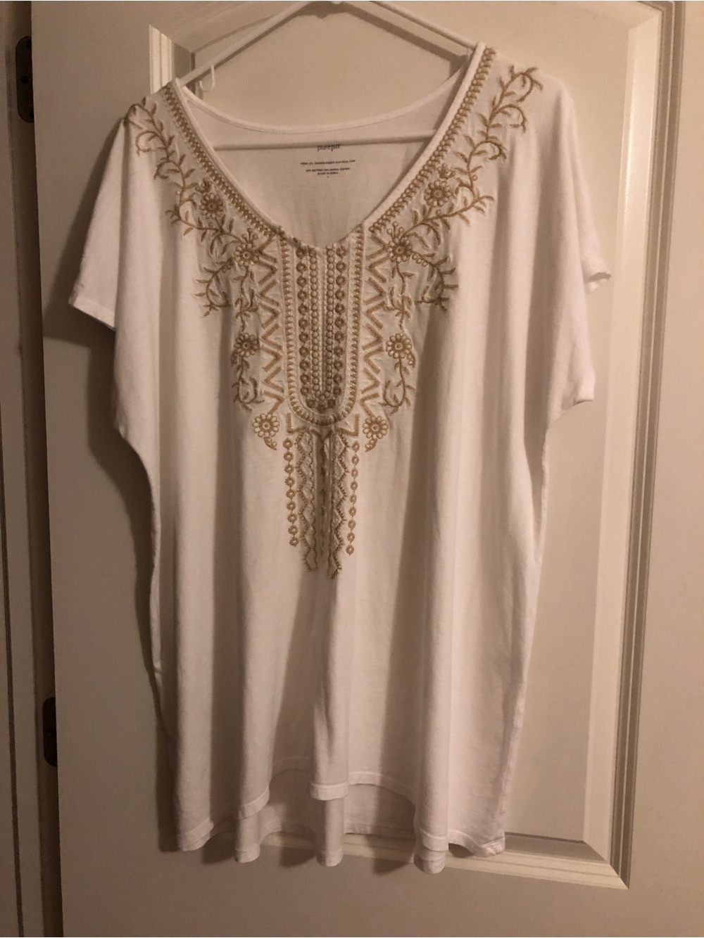 Pure Jill White Short Sleeved Blouse with Tan Embroidery